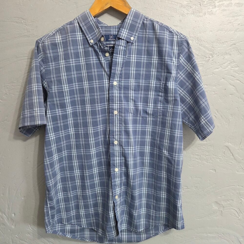 George Men's Classic Fit Blue Plaid Button Down Short Sleeve Casual Shirt Size M